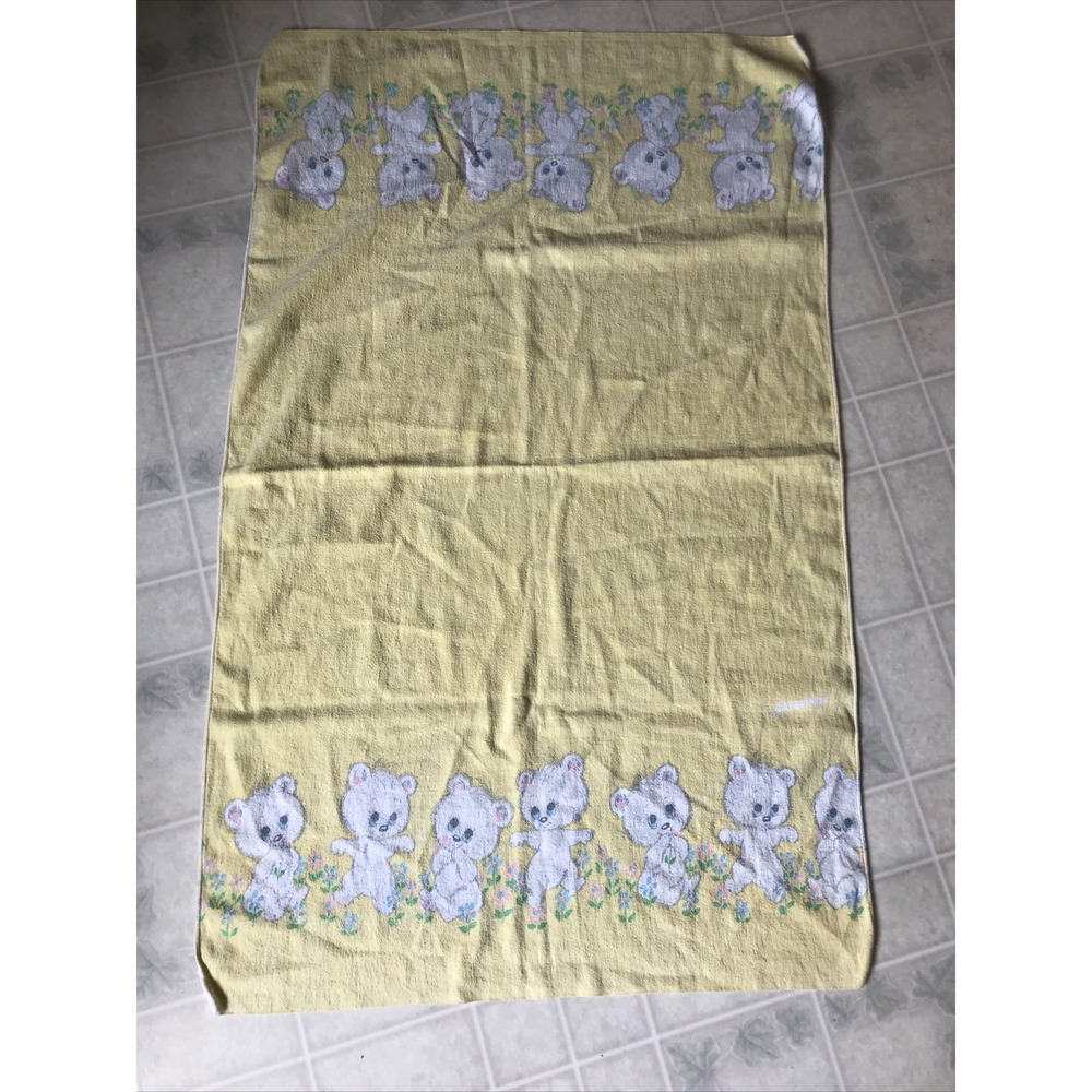 Vintage Soft Yellow Flannel Teddy Bear Border Receiving Blanket Yellow‎ 40x24